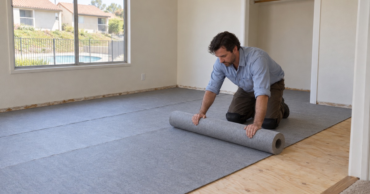 Worker unrolling foam underlayment across the upper-floor bedroom of a Diamond Bar condominium before its new wood floor goes down.
