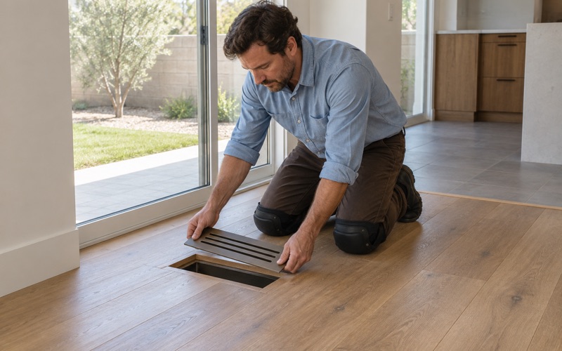 Worker lifting a floor vent out of an engineered oak floor in a Diamond Bar home to see how thick the wear layer is before any sanding is promised.