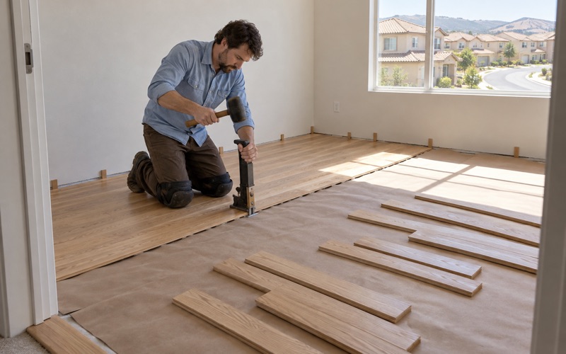 Worker driving a flooring nailer against the tongue of a new solid oak board in an upstairs room of a Diamond Bar house.