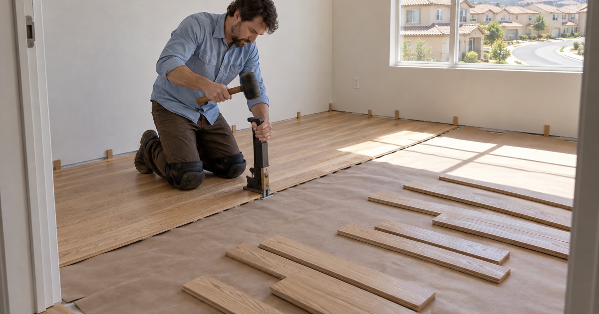 Worker driving a flooring nailer against the tongue of a new solid oak board in an upstairs room of a Diamond Bar house.