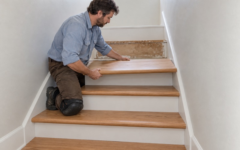 Worker lowering a new red oak stair tread with a rounded nosing onto a step of an enclosed staircase in a Diamond Bar townhome.