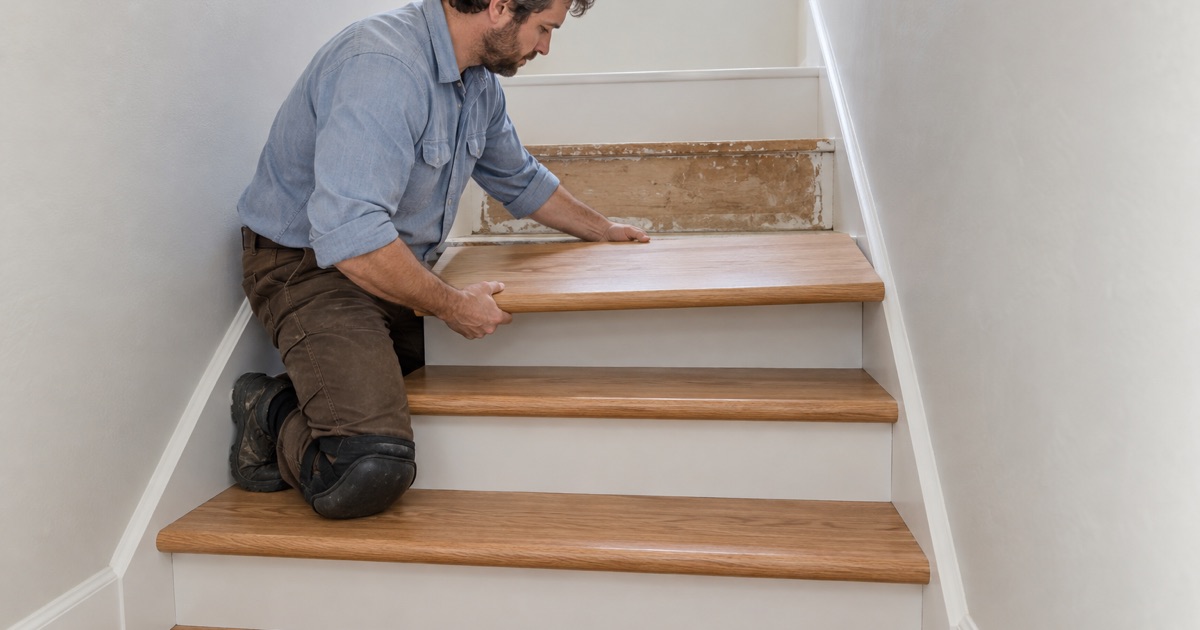 Worker lowering a new red oak stair tread with a rounded nosing onto a step of an enclosed staircase in a Diamond Bar townhome.
