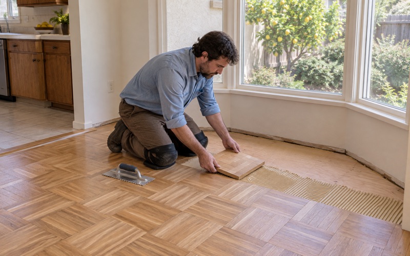 Worker setting a new oak parquet square into adhesive in the breakfast nook of a Diamond Bar house, the finger-block pattern filling the floor.