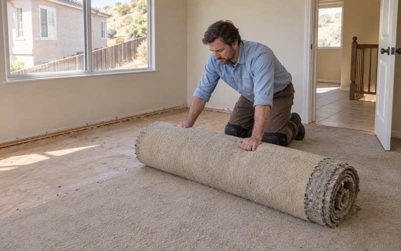 Worker rolling up old carpet and pad in a 1980s Diamond Bar bedroom to clear the plywood subfloor for a new hardwood floor.