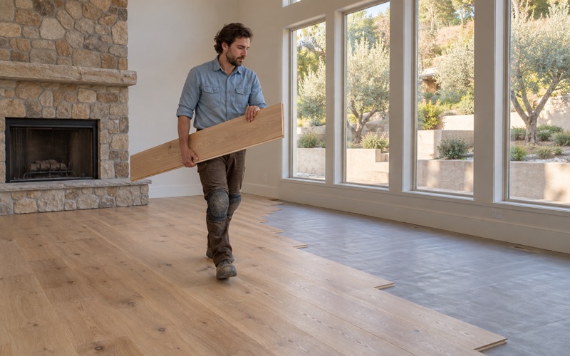 Worker carrying a long wide white oak plank across a Diamond Bar great room where the new wide plank floor is half laid.