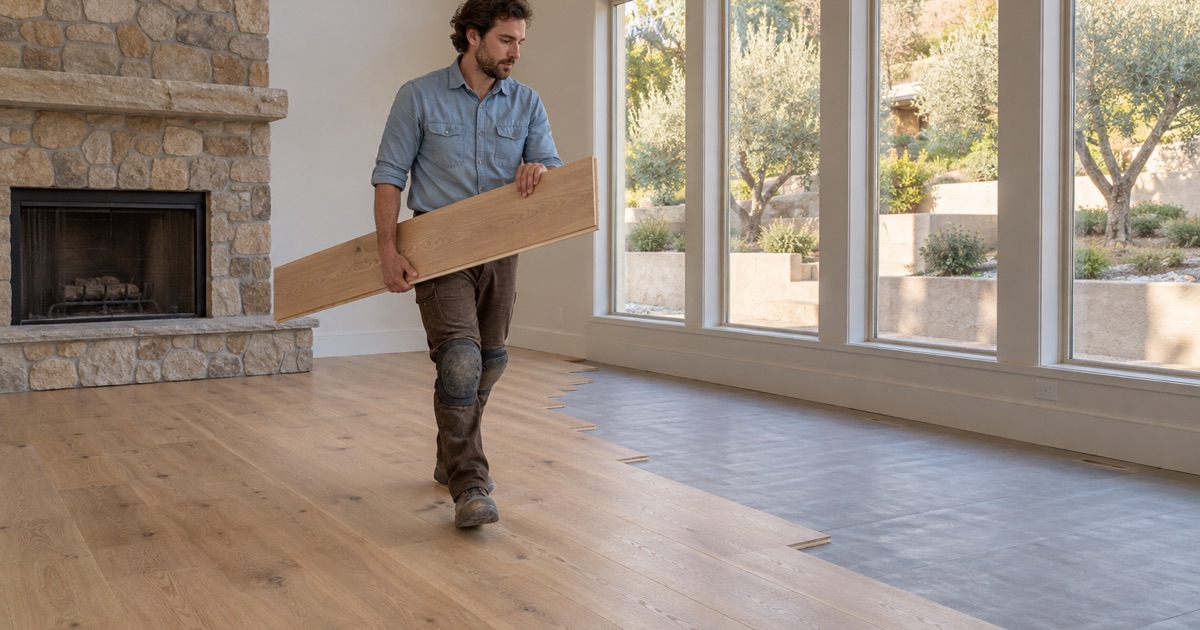 Worker carrying a long wide white oak plank across a Diamond Bar great room where the new wide plank floor is half laid.