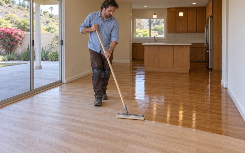 Worker drawing a finish applicator backwards across freshly sanded oak flooring in a 1980s Diamond Bar house, the new coat shining ahead of him.