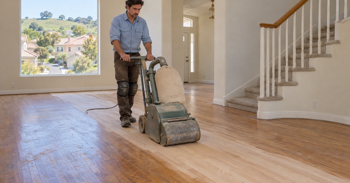 Worker walking a drum sander across red oak strip flooring in the living room of a 1980s two-story stucco house on a Diamond Bar hillside street.
